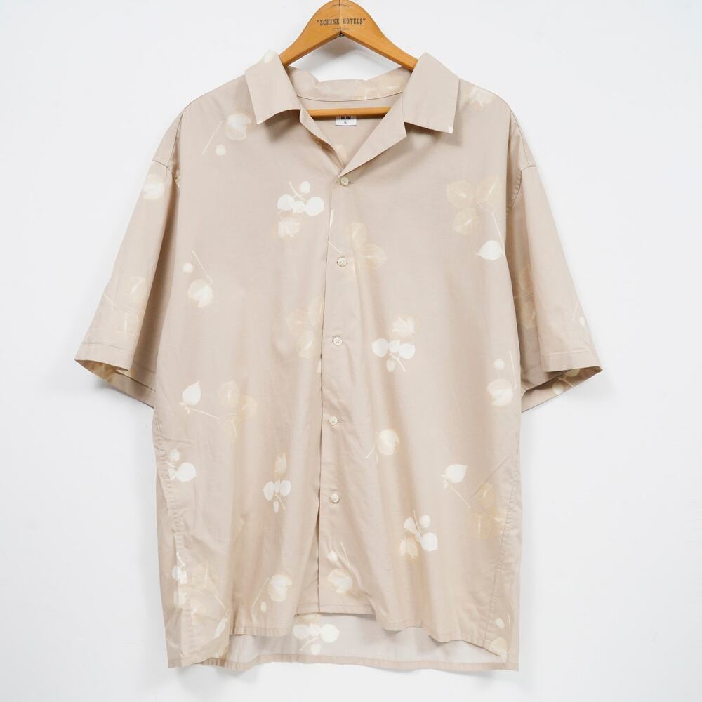 Uniqlo Beige Botanical Print Open Collar Camp Shirt Rayon Cotton Blend XL